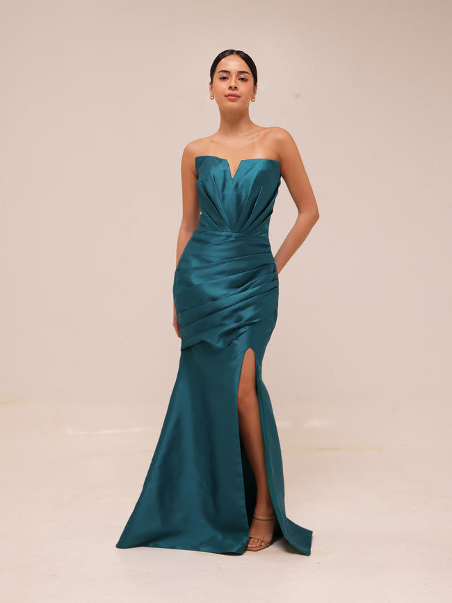 Dark Teal Strapless Draped Gown
