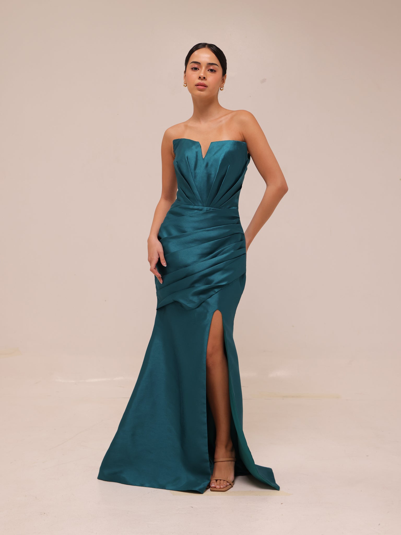 Dark Teal Strapless Draped Gown