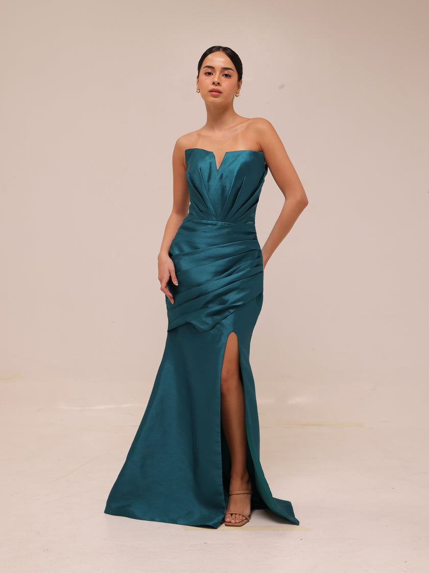 Dark Teal Strapless Draped Gown