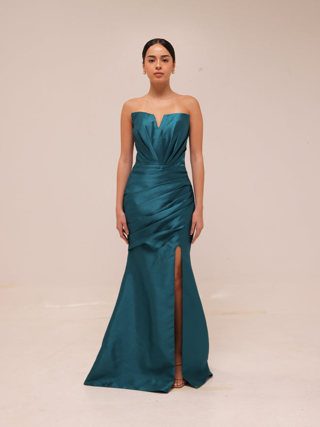 Dark Teal Strapless Draped Gown