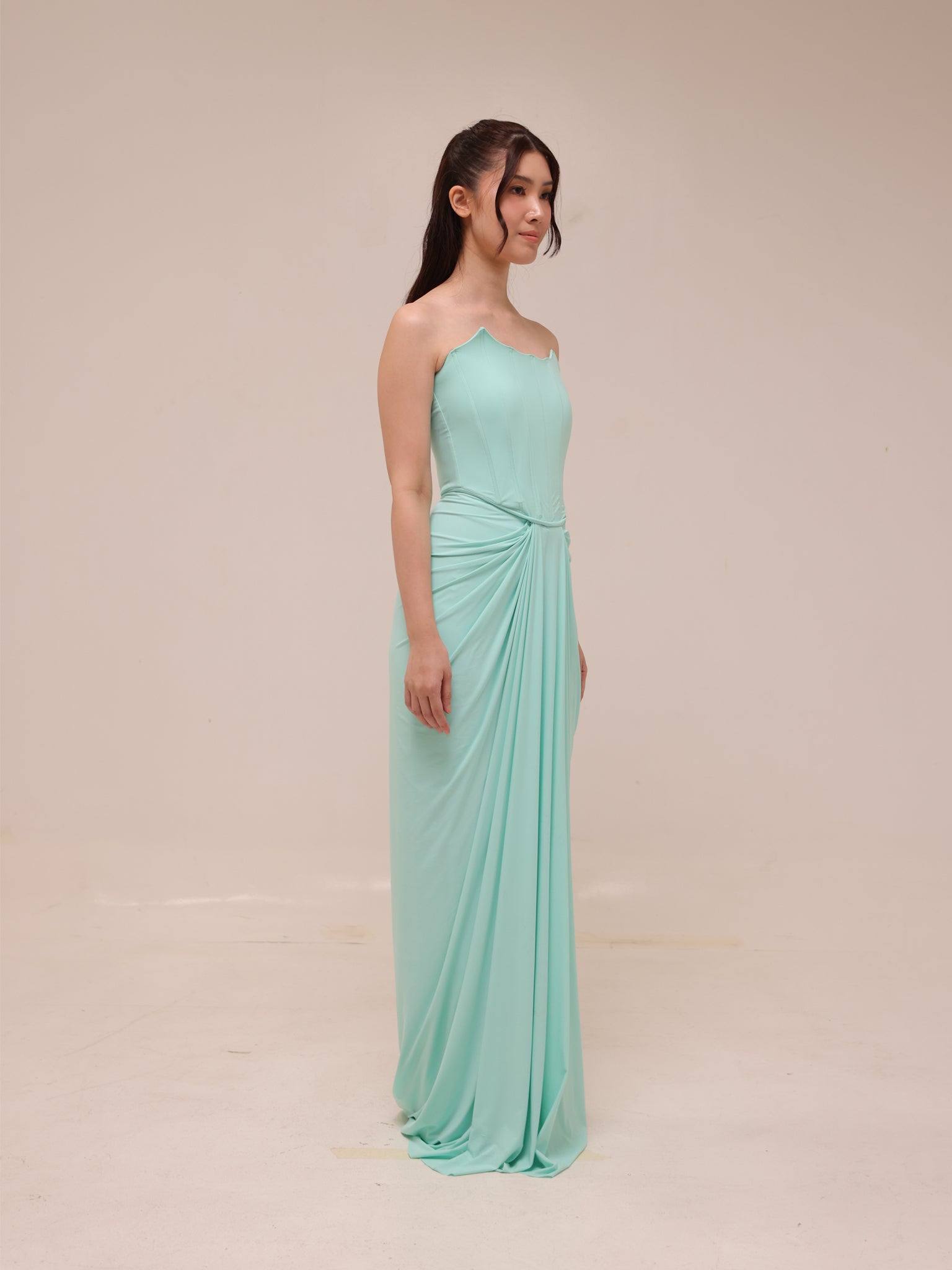 Scalloped Strapless Draped Gown