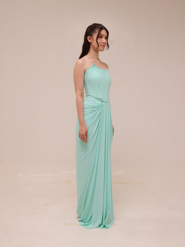 Scalloped Strapless Draped Gown