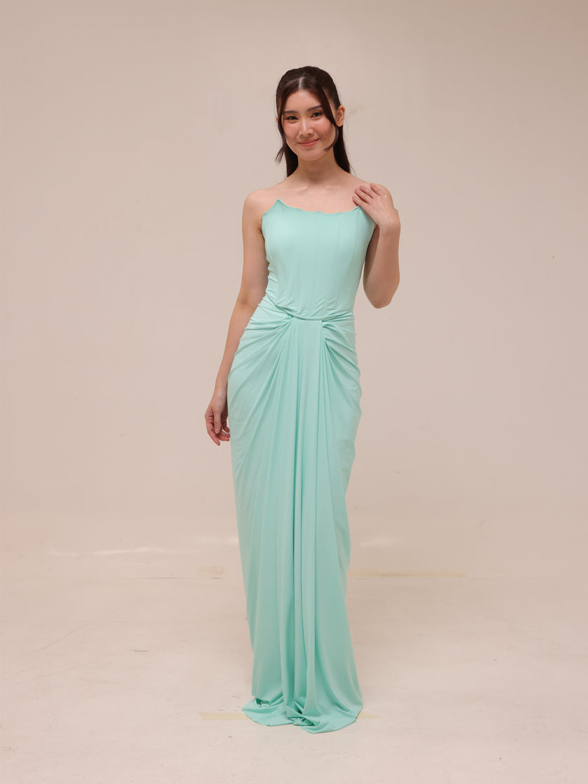 Scalloped Strapless Draped Gown