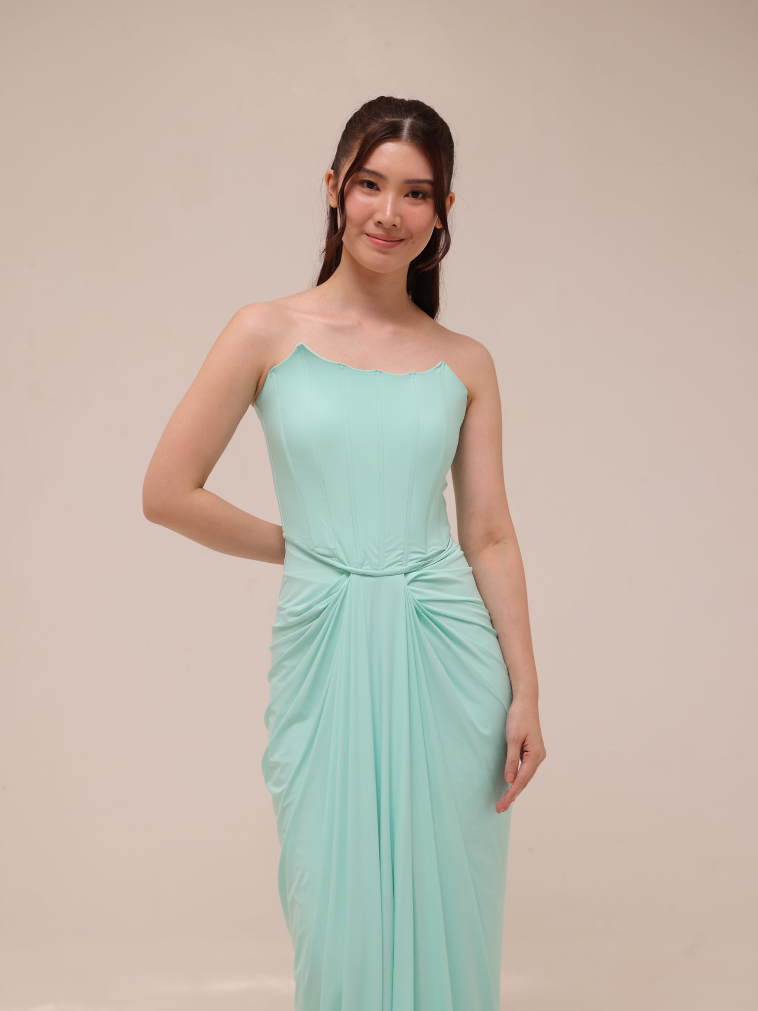 Scalloped Strapless Draped Gown