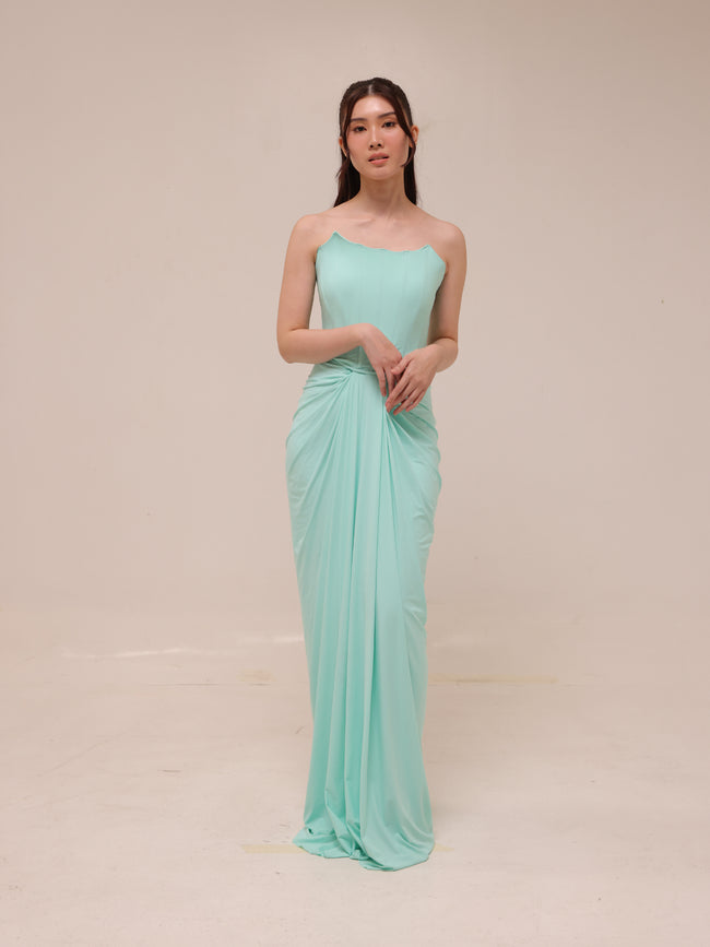 Scalloped Strapless Draped Gown