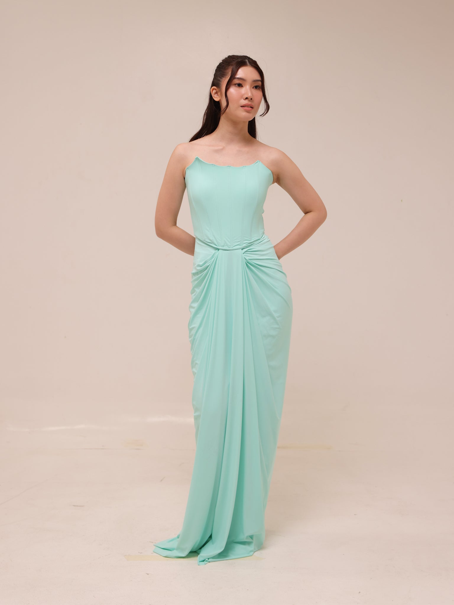 Scalloped Strapless Draped Gown