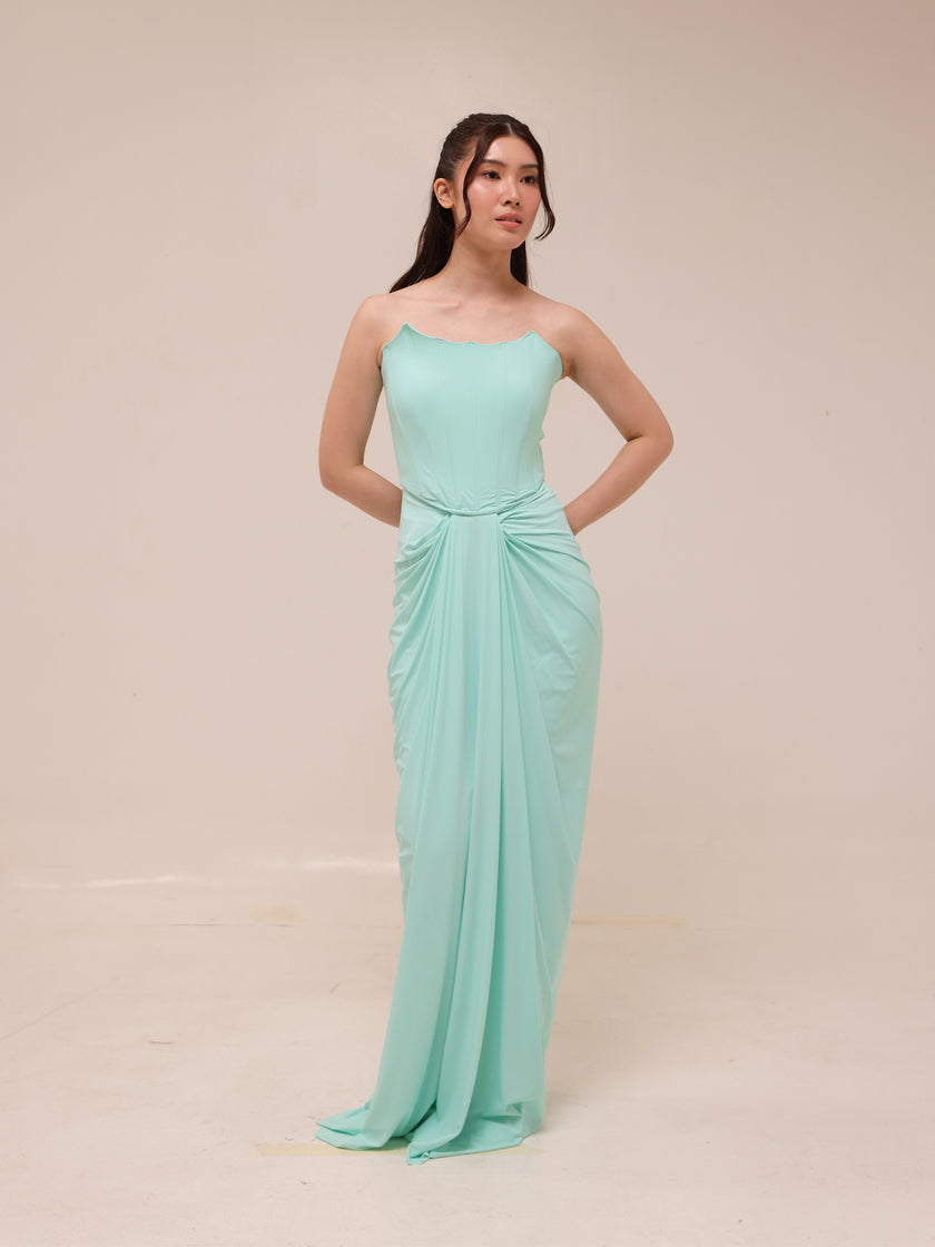 Scalloped Strapless Draped Gown