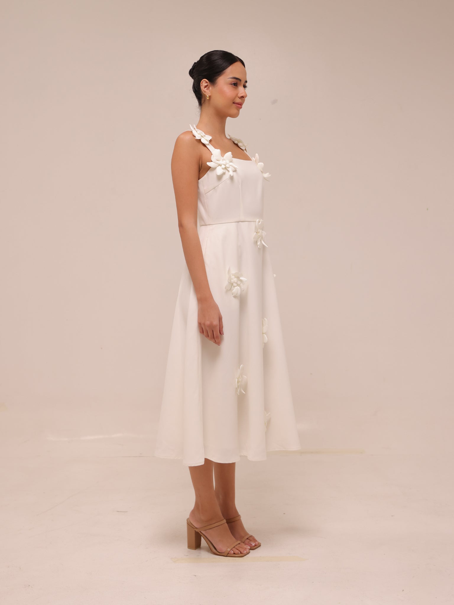 Ariane White Faux-Flower Square-Neck Midi Dress