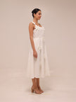 Ariane White Faux-Flower Square-Neck Midi Dress