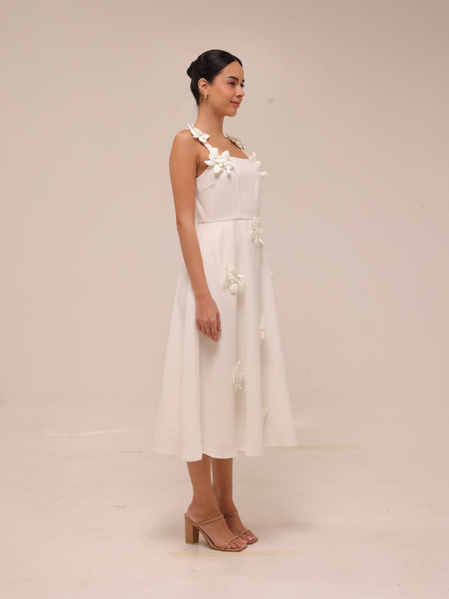 Ariane White Faux-Flower Square-Neck Midi Dress