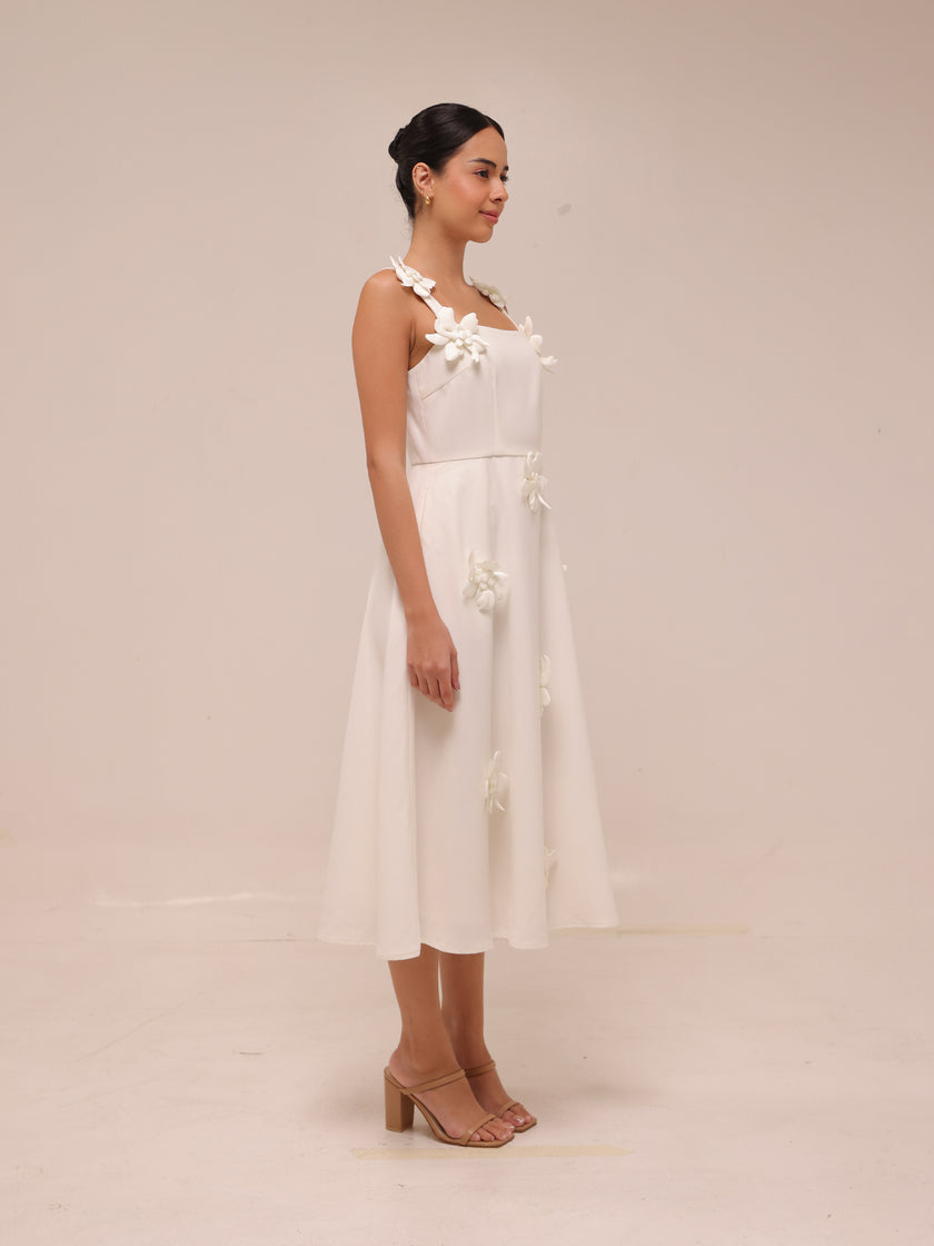Ariane White Faux-Flower Square-Neck Midi Dress