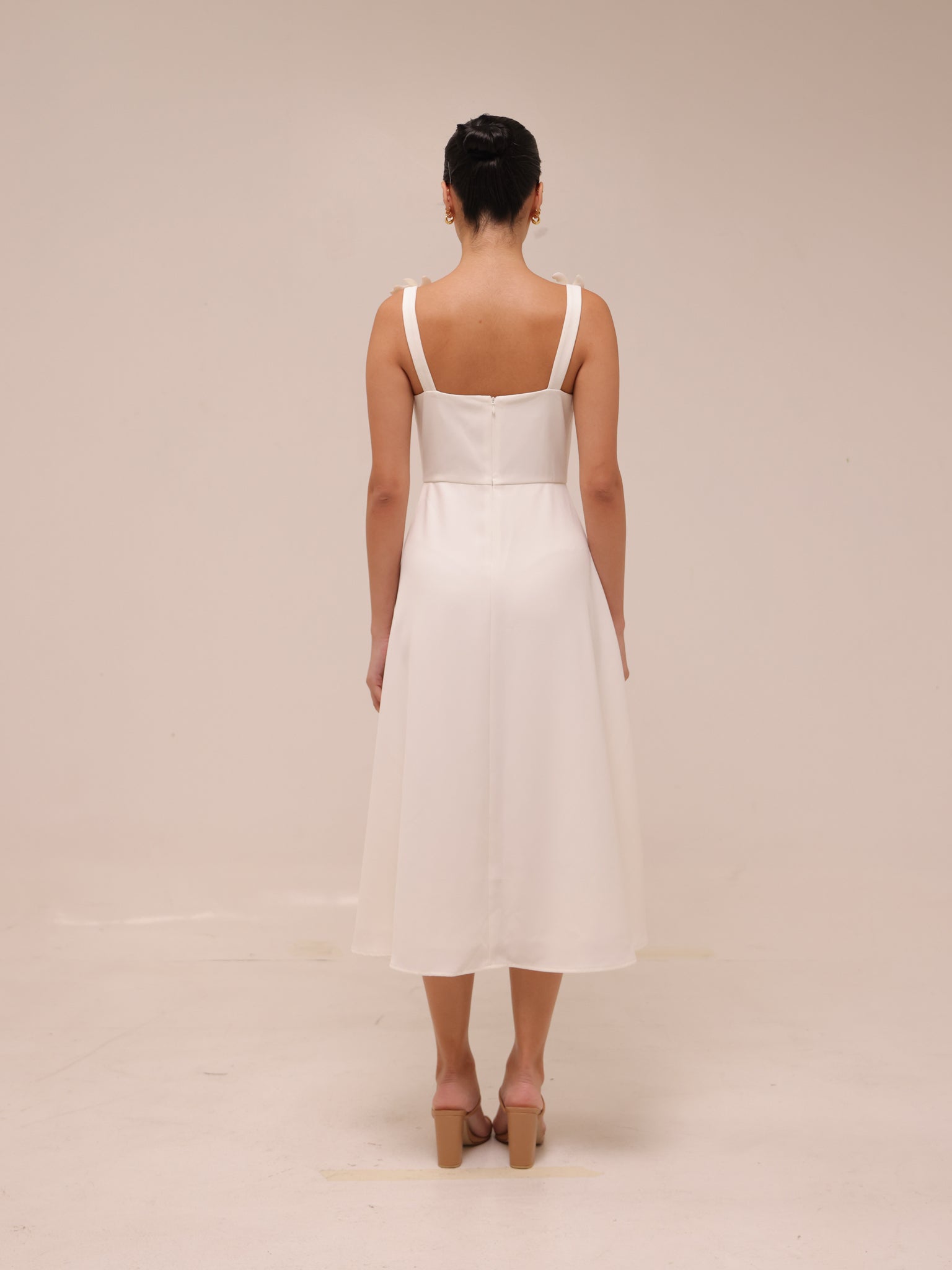 Ariane White Faux-Flower Square-Neck Midi Dress