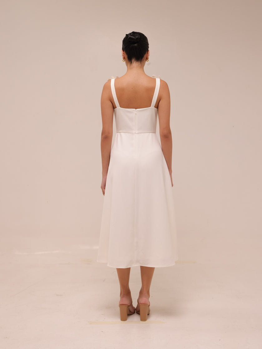 Ariane White Faux-Flower Square-Neck Midi Dress