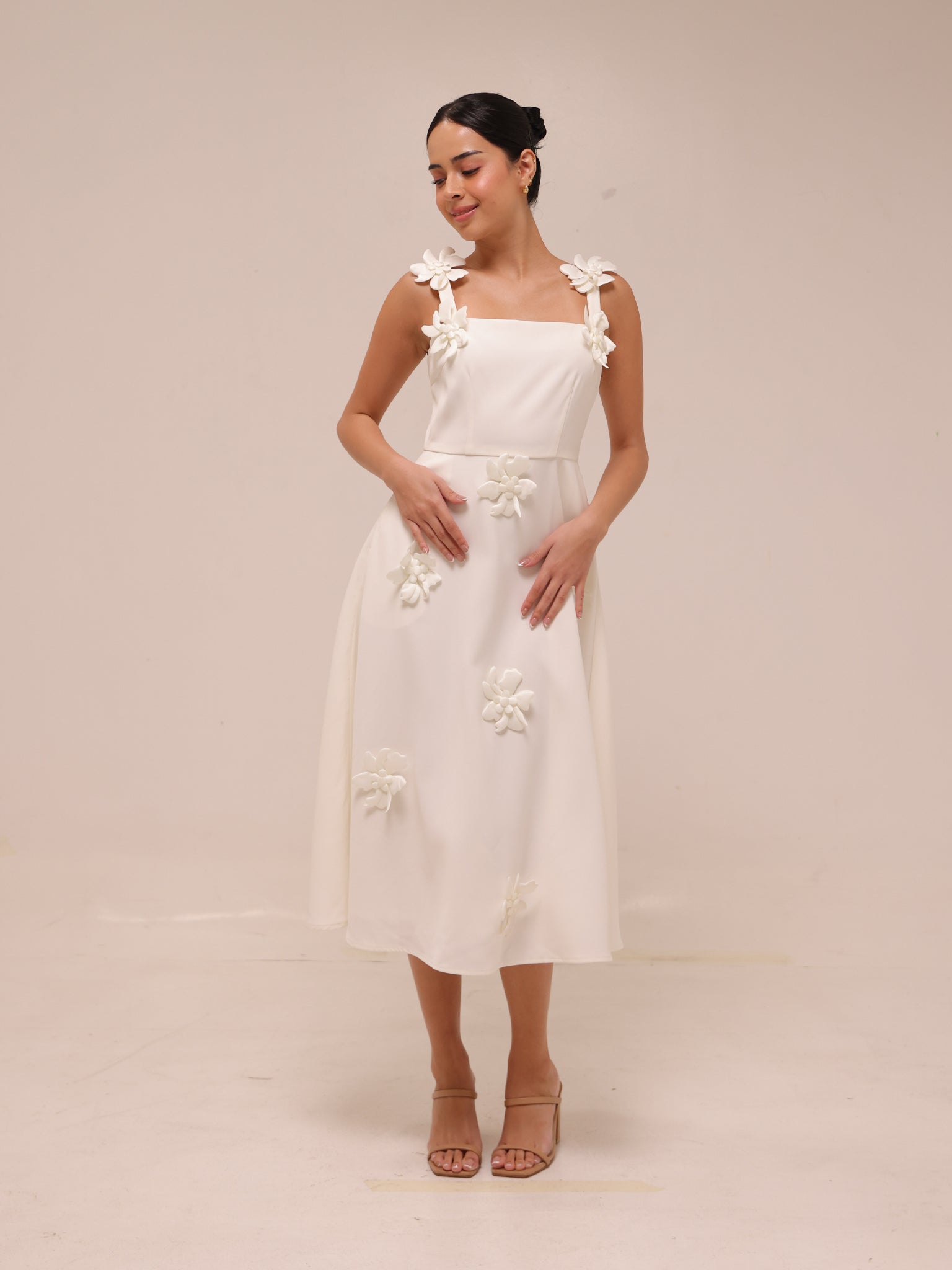 Ariane White Faux-Flower Square-Neck Midi Dress
