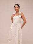 Ariane White Faux-Flower Square-Neck Midi Dress