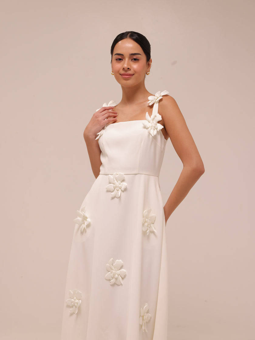 Ariane White Faux-Flower Square-Neck Midi Dress