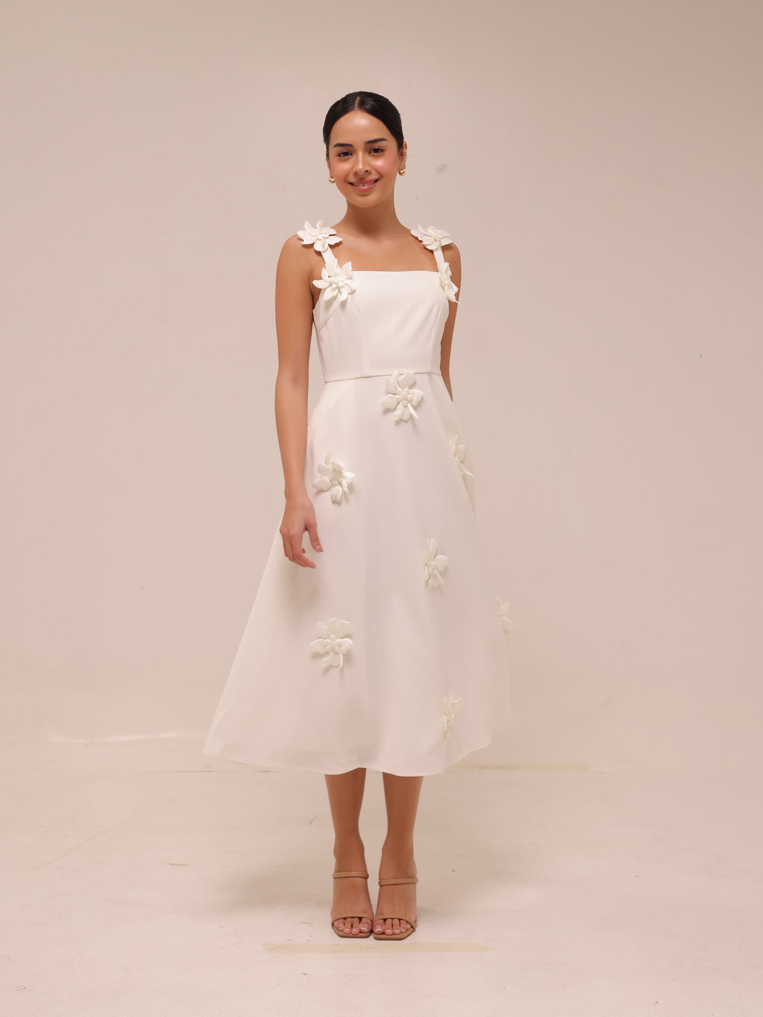 Ariane White Faux-Flower Square-Neck Midi Dress