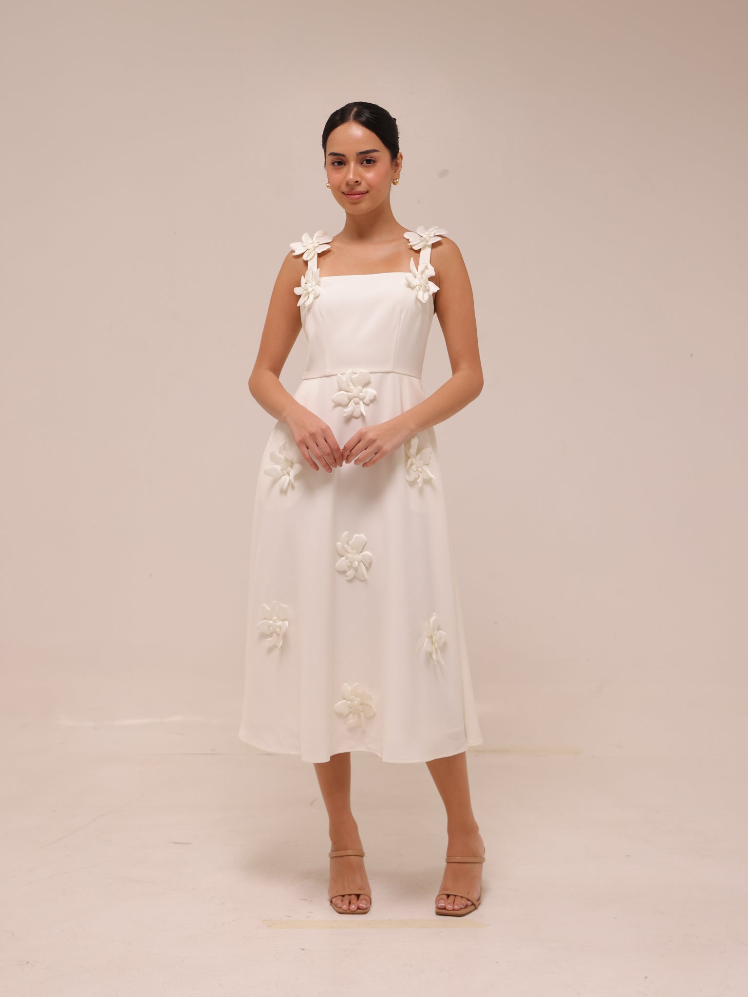Ariane White Faux-Flower Square-Neck Midi Dress