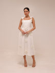 Ariane White Faux-Flower Square-Neck Midi Dress