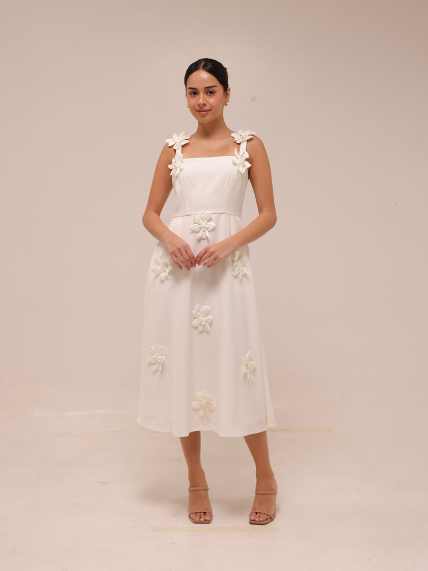 Ariane White Faux-Flower Square-Neck Midi Dress