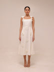 Ariane White Faux-Flower Square-Neck Midi Dress