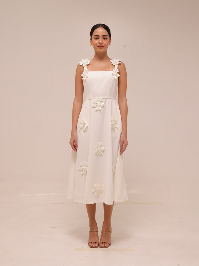 Ariane White Faux-Flower Square-Neck Midi Dress
