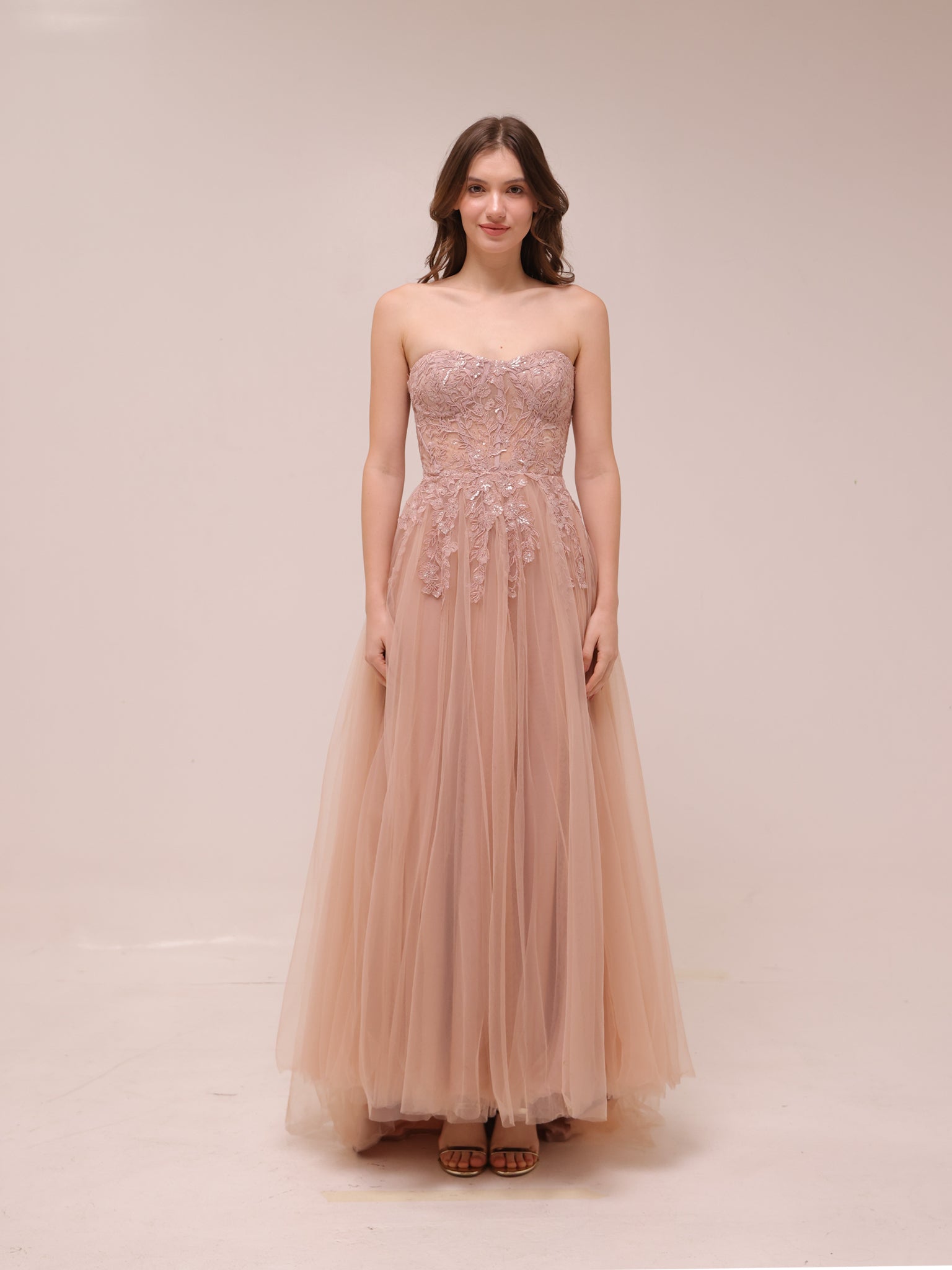 Blush Tulle Embroidered Strapless Gown