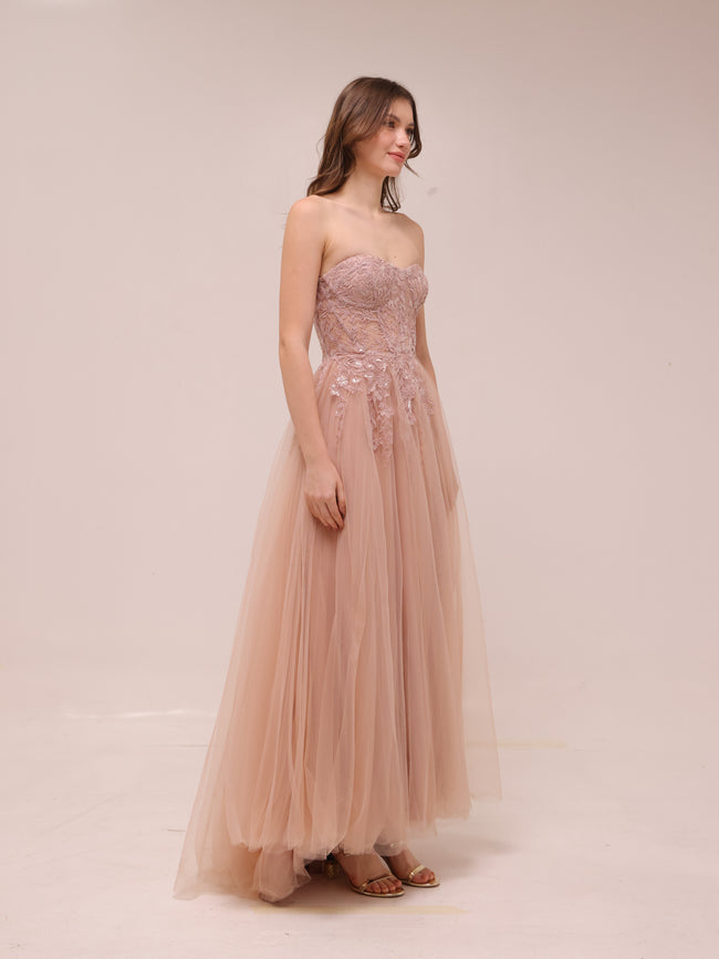 Blush Tulle Embroidered Strapless Gown