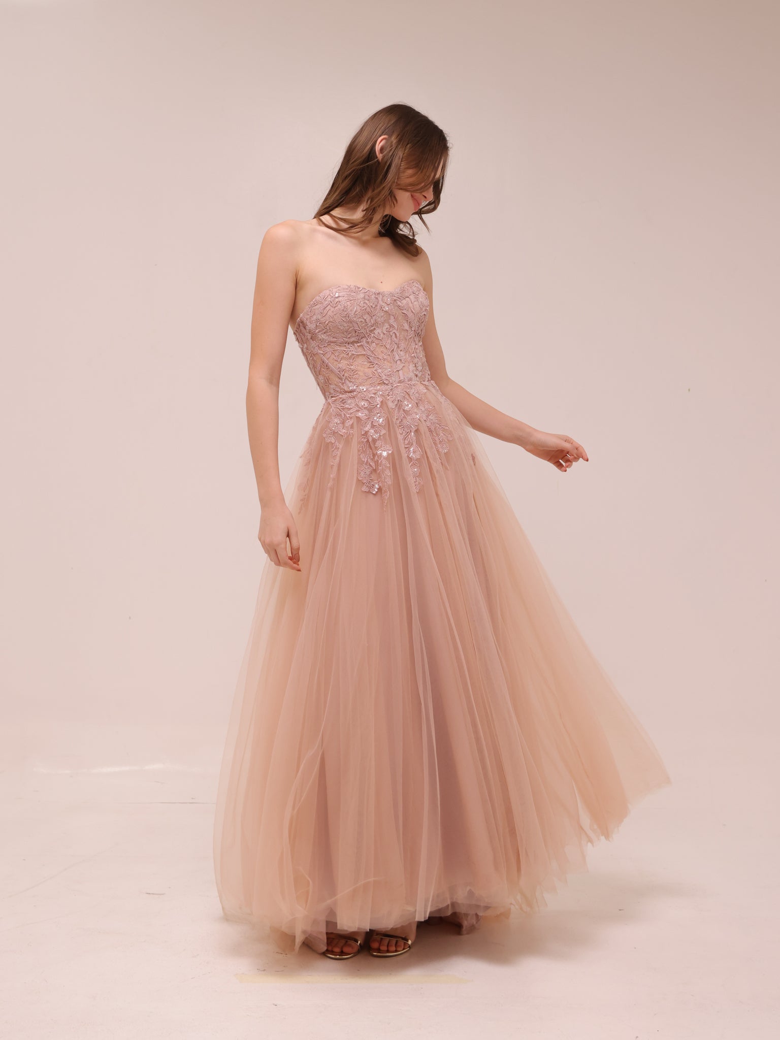 Blush Tulle Embroidered Strapless Gown