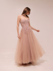 Blush Tulle Embroidered Strapless Gown