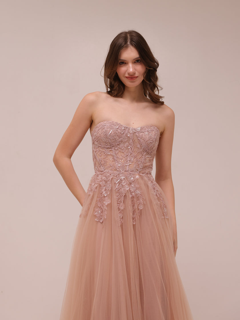 Blush Tulle Embroidered Strapless Gown
