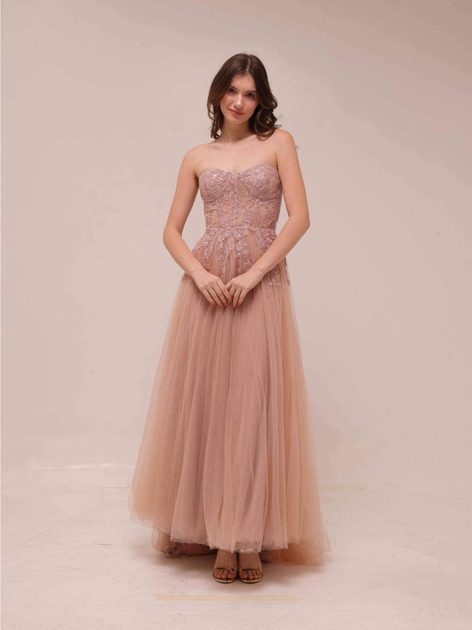 Blush Tulle Embroidered Strapless Gown
