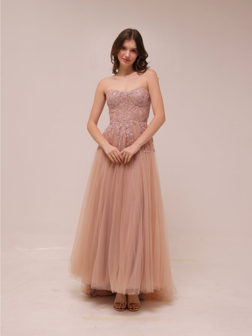Blush Tulle Embroidered Strapless Gown