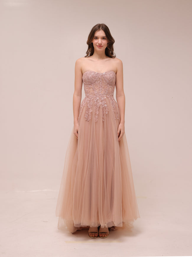 Blush Tulle Embroidered Strapless Gown