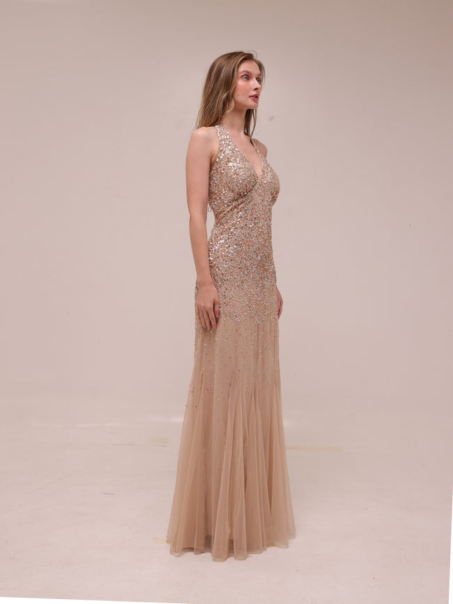 Champagne Sequin Halter Gown