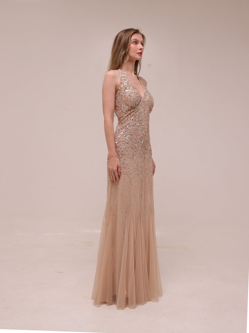 Champagne Sequin Halter Gown