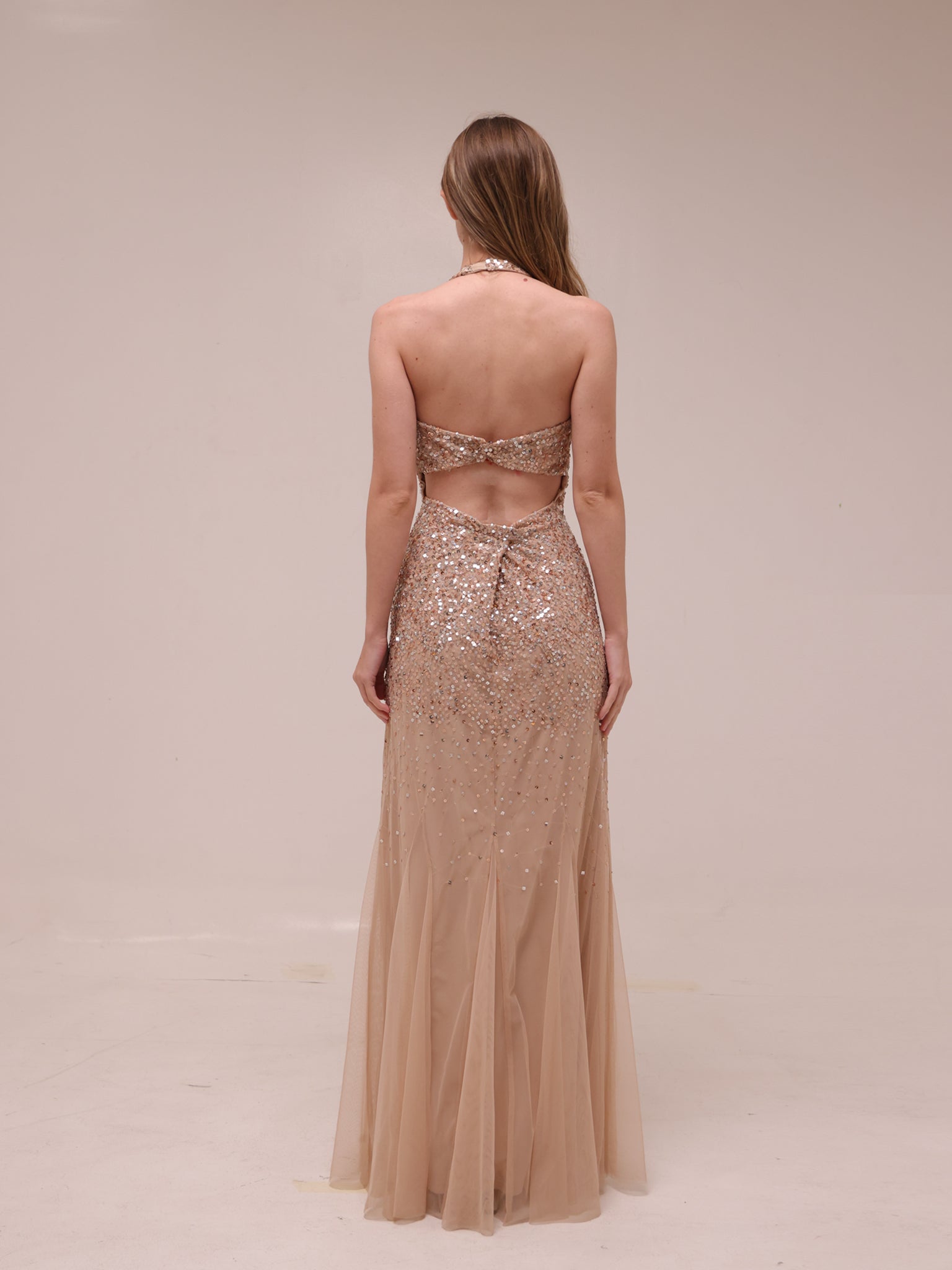 Champagne Sequin Halter Gown