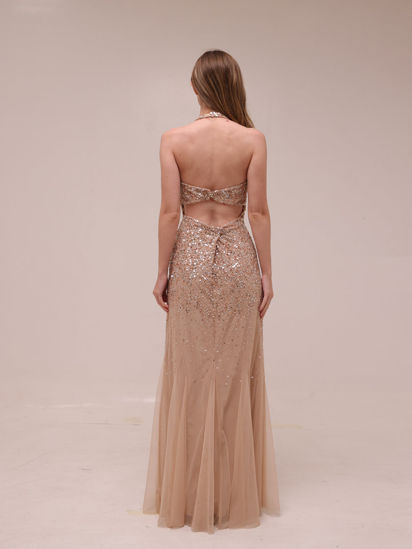 Champagne Sequin Halter Gown