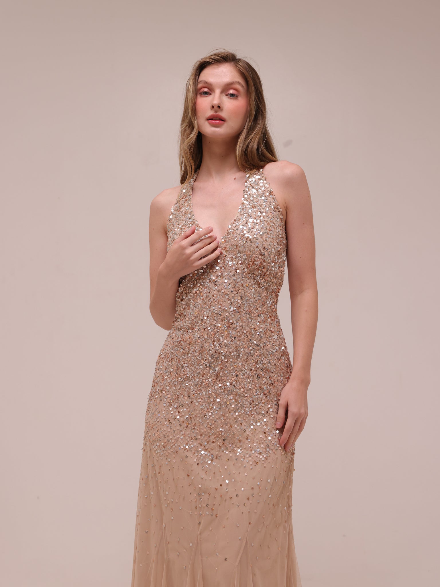 Champagne Sequin Halter Gown