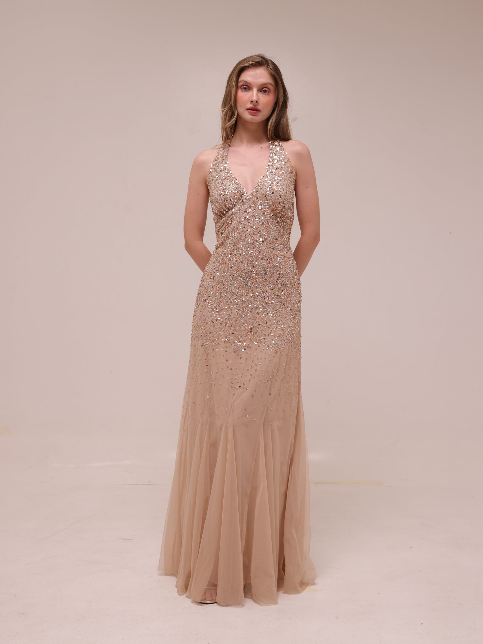 Champagne Sequin Halter Gown