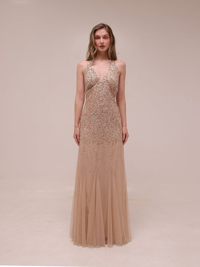 Champagne Sequin Halter Gown