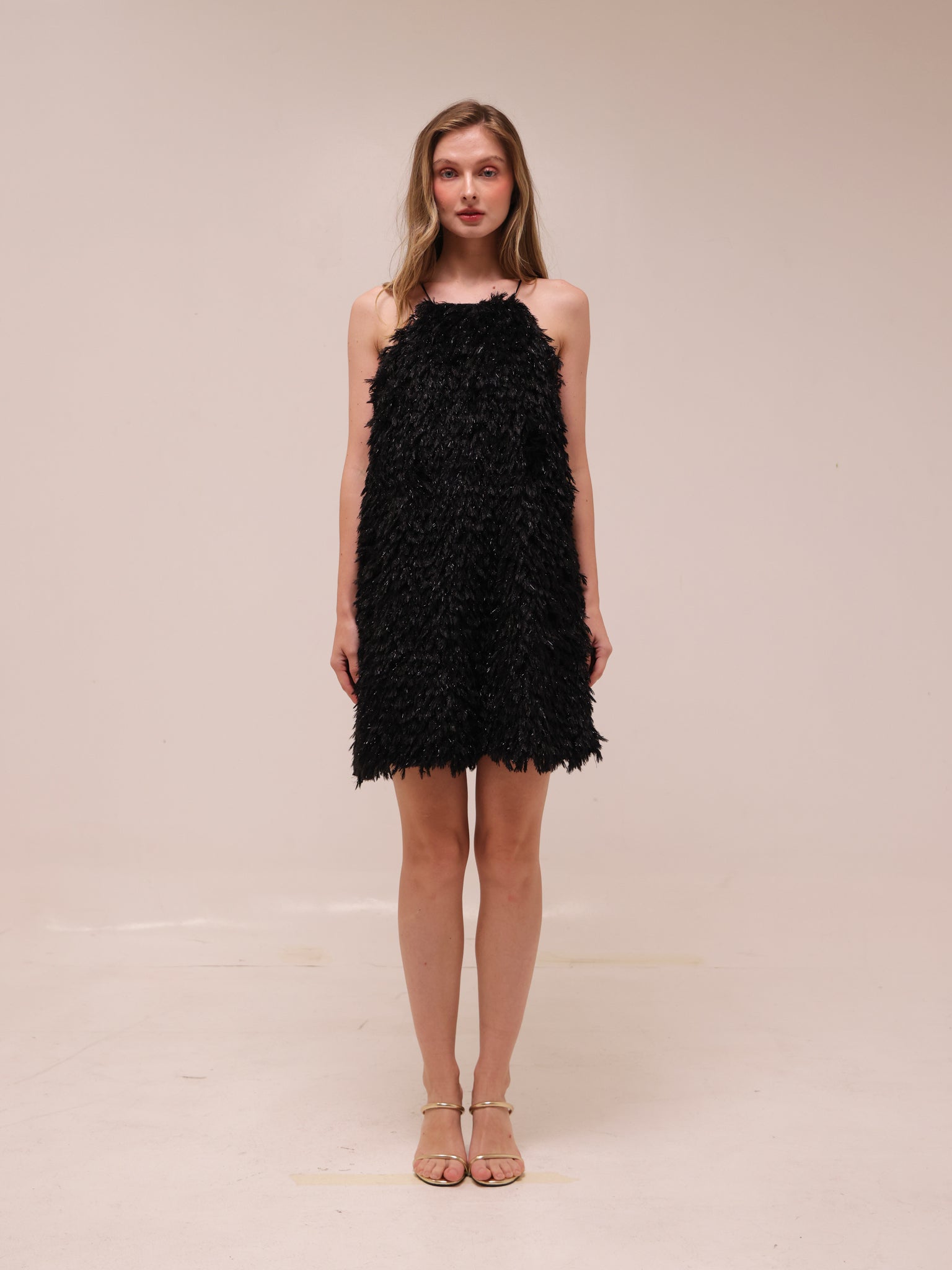 Feather Shimmer Mini Halter Dress