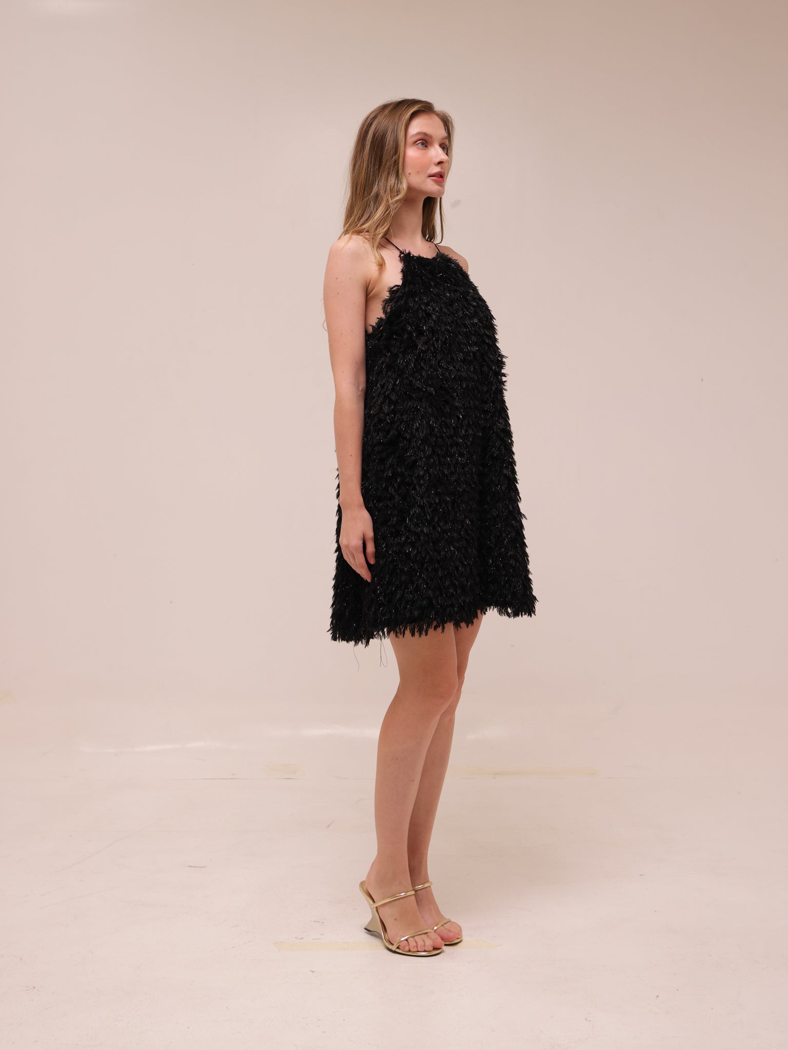 Feather Shimmer Mini Halter Dress