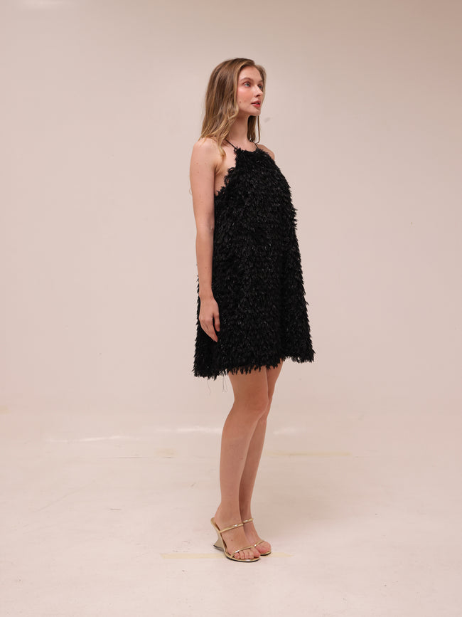 Feather Shimmer Mini Halter Dress