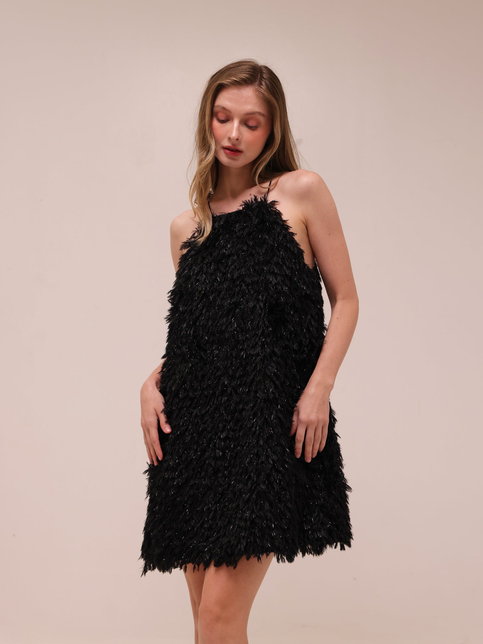 Feather Shimmer Mini Halter Dress