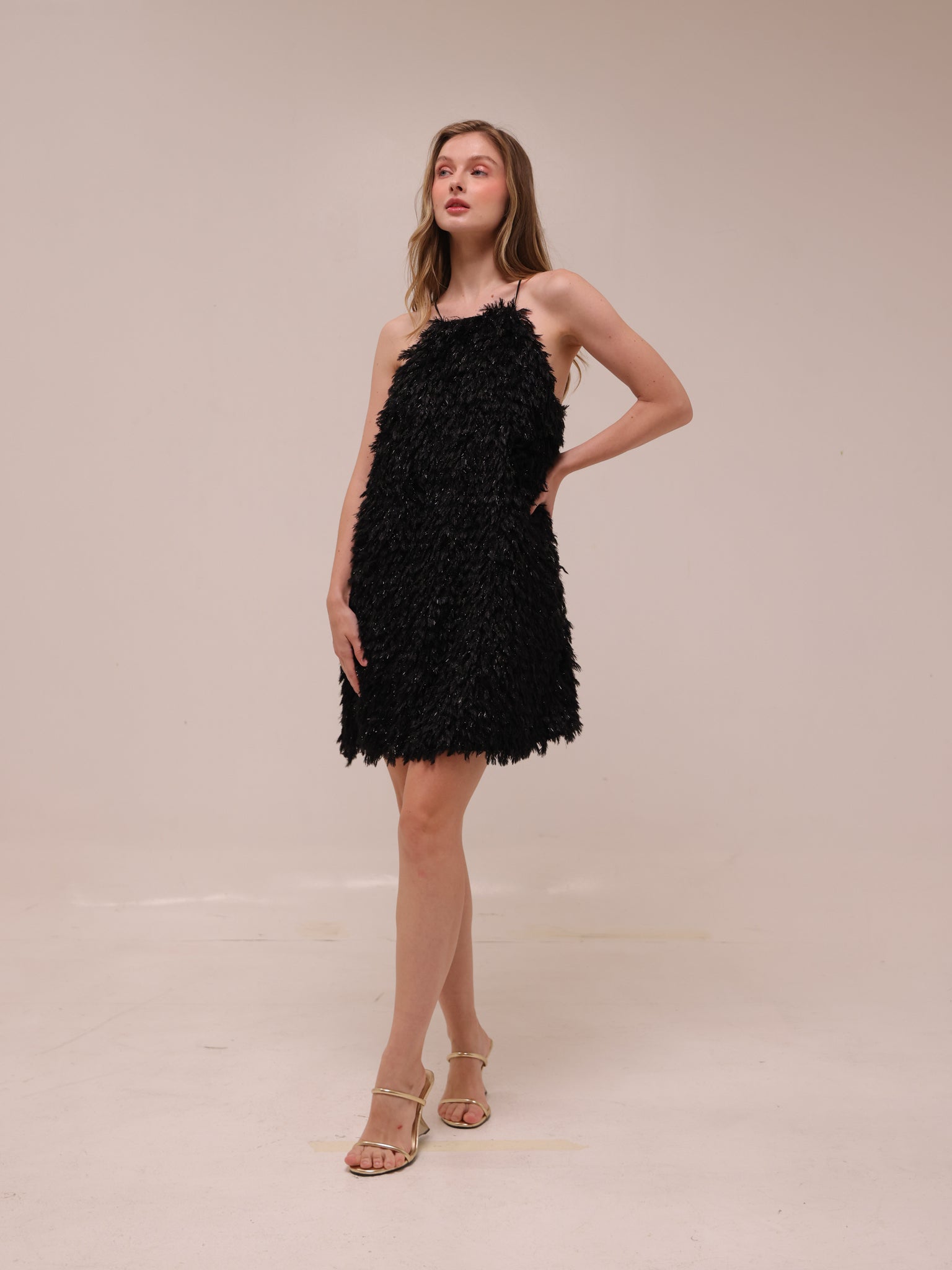 Feather Shimmer Mini Halter Dress