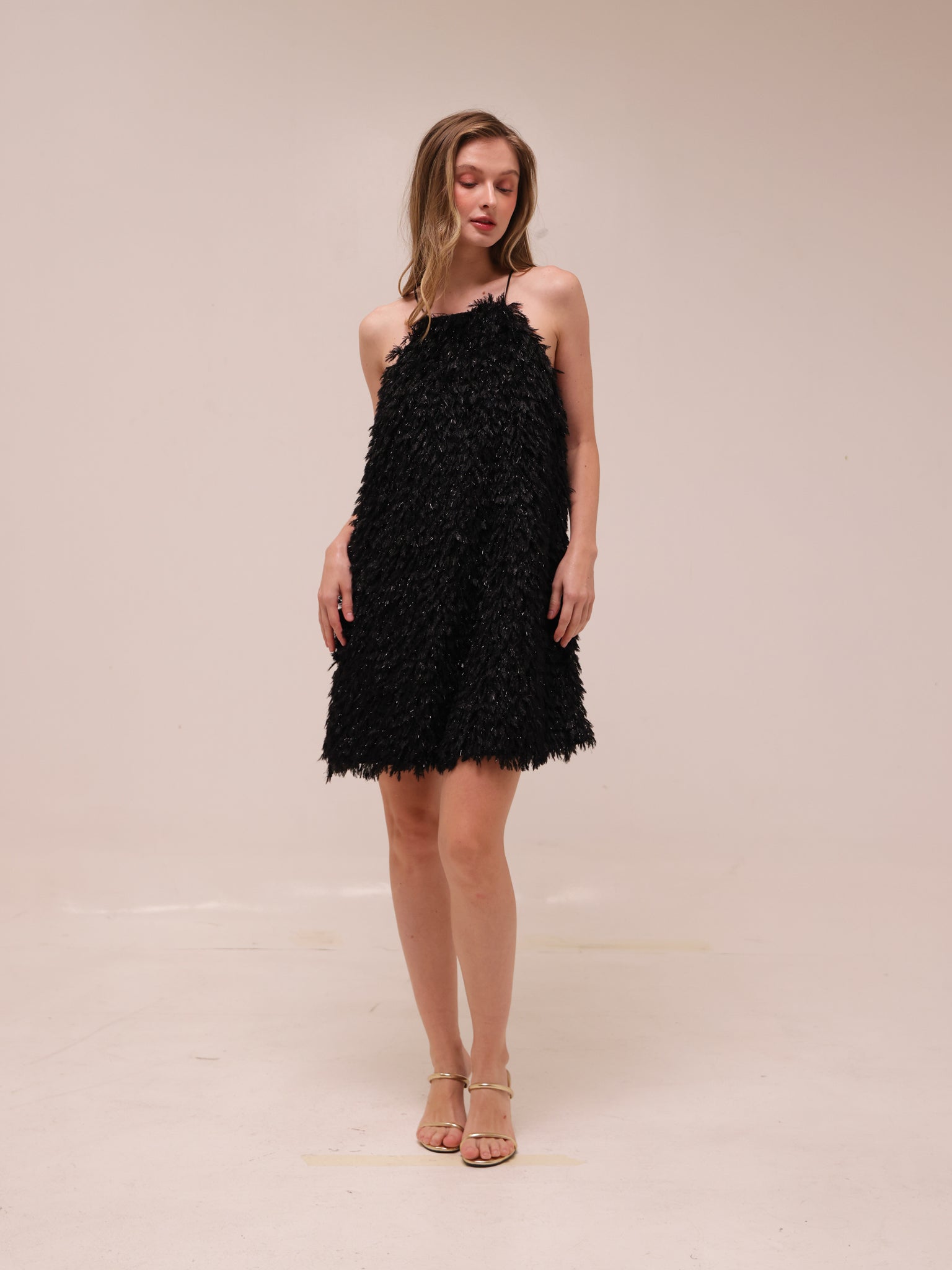 Feather Shimmer Mini Halter Dress