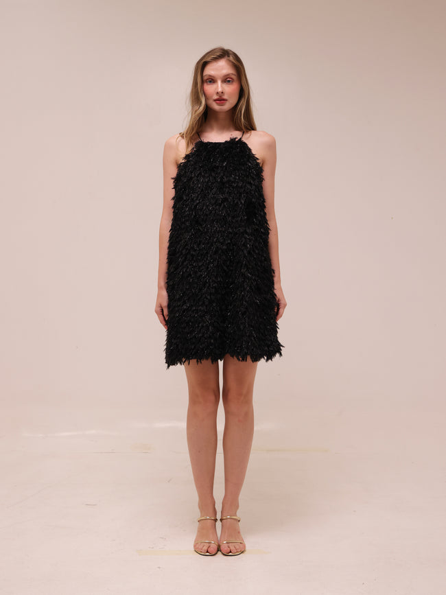 Feather Shimmer Mini Halter Dress