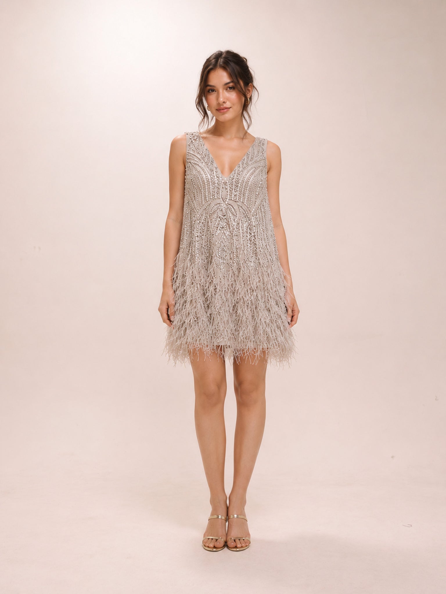 Crystal and Bead Mini Dress with Faux-feather Hem