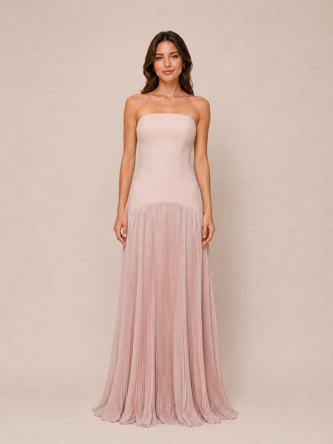 Luna Slubbed Bustier Pleated Gown in Rosewater